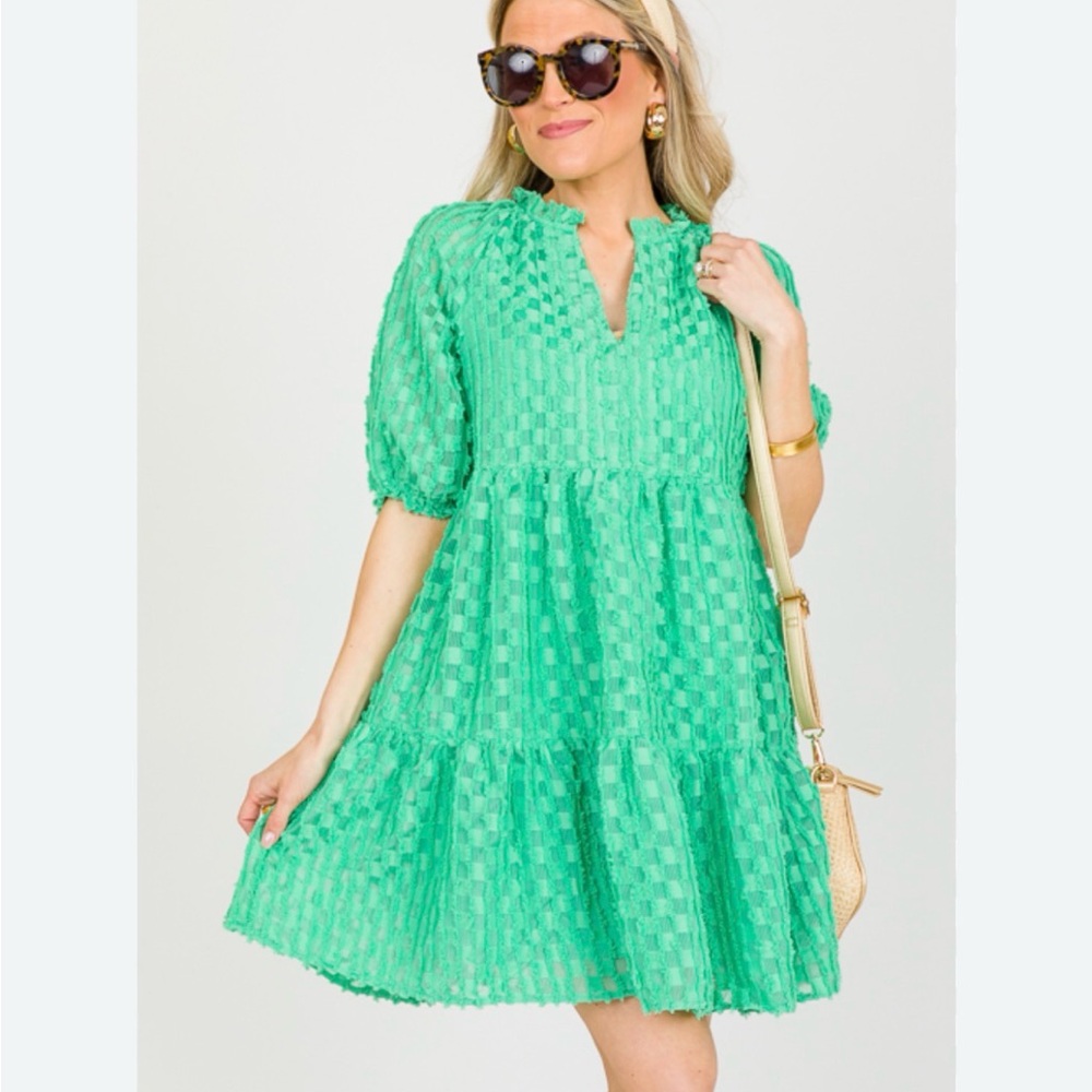 Green Textured Tiered Mini Dress